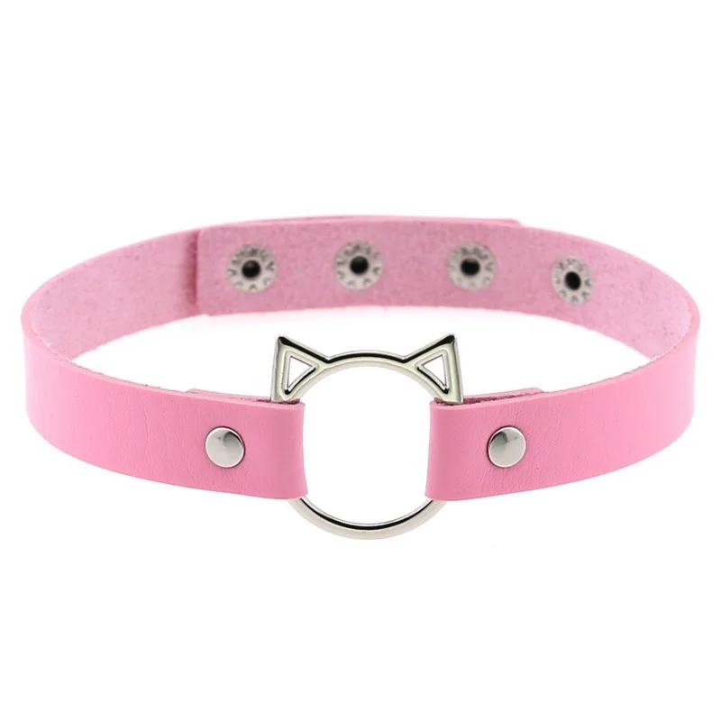 1 Pcs Women Black Synthetic Leather Sexy Collar with Cat Spike Choker Buckle Goth Alternative Thin Gothic Necklace Studded Punk