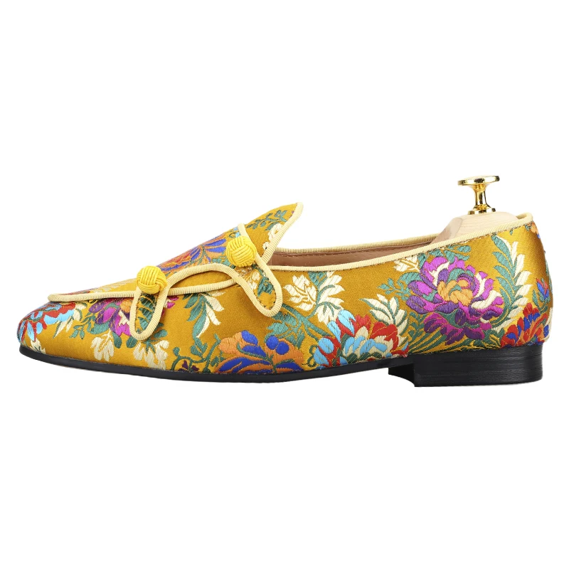 Piergitar Five Colors Totem Printed Silk Men's Monk Shoes New Chinese Style Handmade Balls Decoration Slip-On Loafers For Party