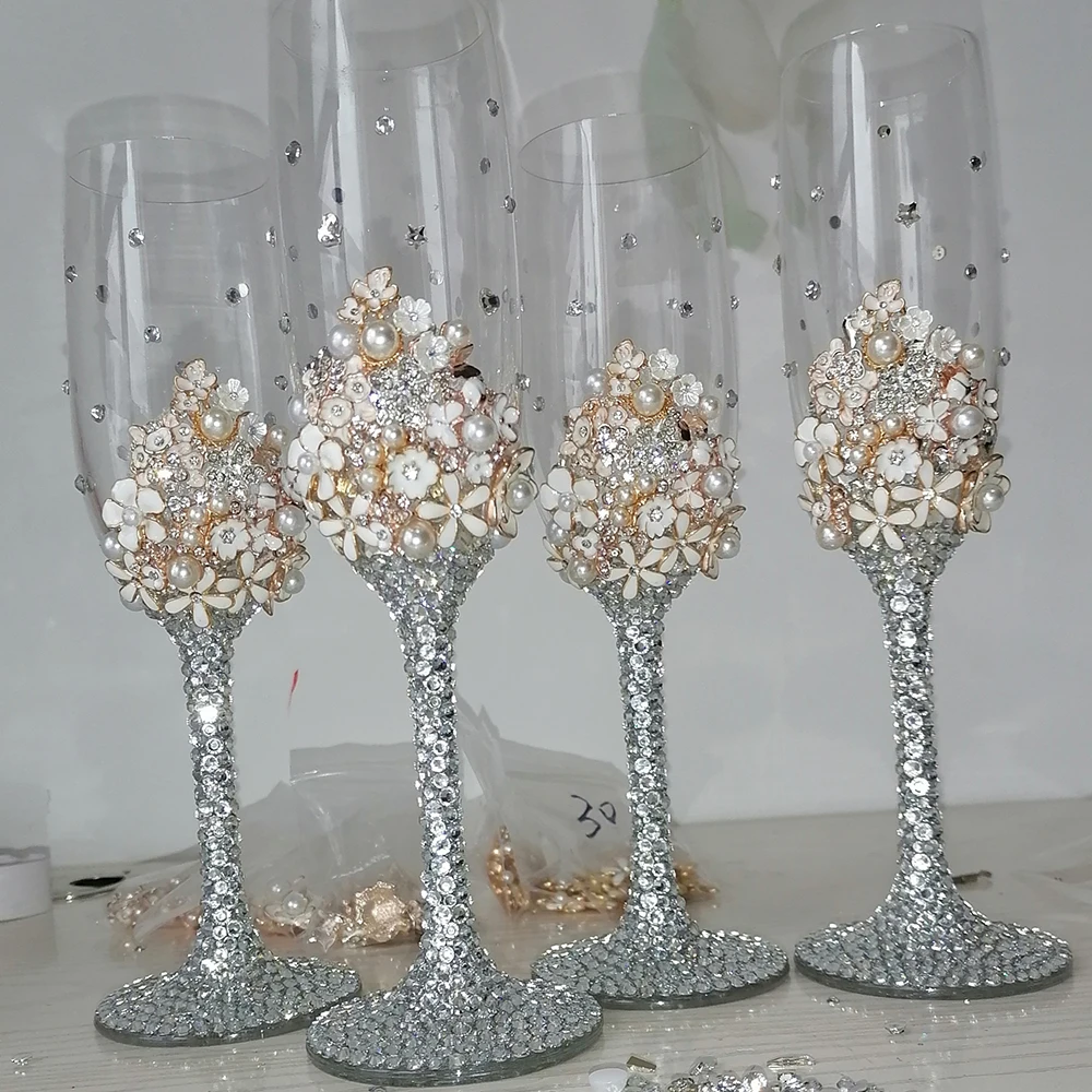 Sparkling Crystal Rhinestones Wine Cup, Glass Goblet, Wedding Glass, Flowers Bling, Cocktail, Party, Champagne, 210ml, 2Pcs