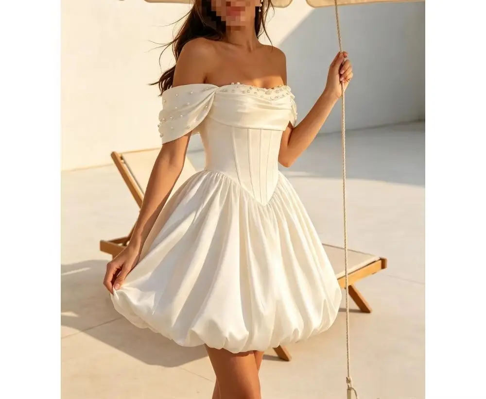 Customized Off Shoulder Waist Tight Corset Short Wedding Dresses with Bubble Sleeves 2026 Elegant Fluffy Princess Bridal Gown