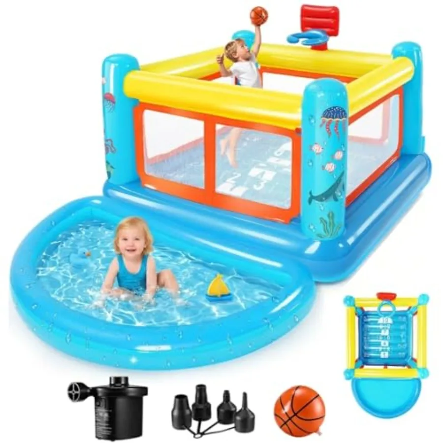 

Bounce House for 3-6, Indoor/Outdoor Inflatable Bouncy Castle with Removable Ball Pit, Hopscotch Game, Basketball Hoop and Air