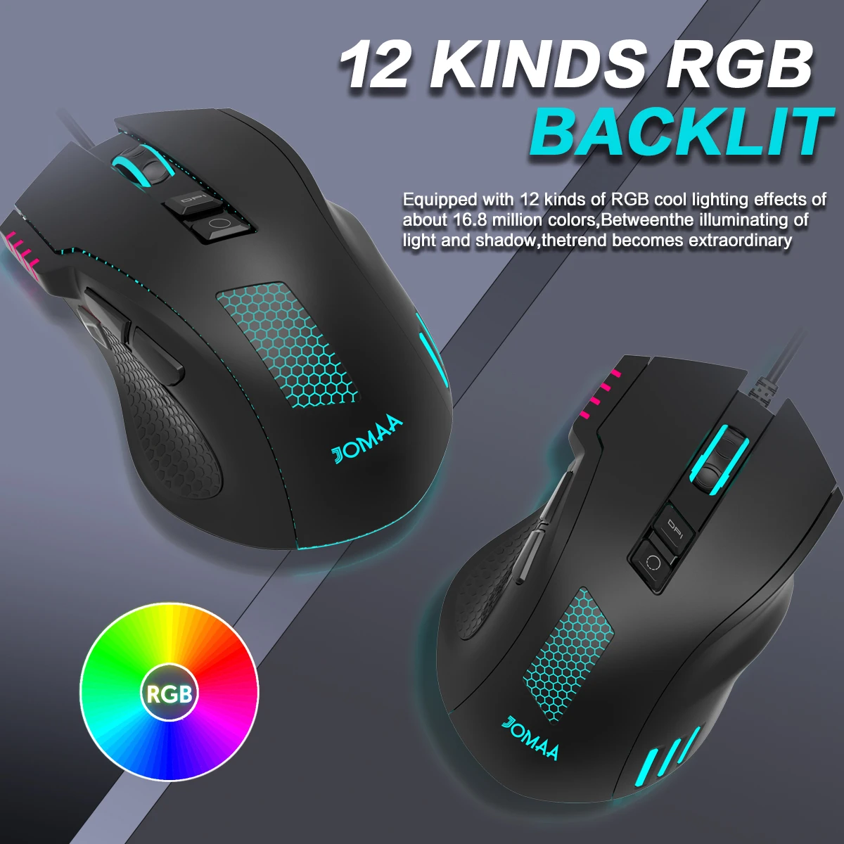 JOMAA Wired Gaming Mouse Ergonomic RGB Gaming Mouse with 12800 Adjustable DPI 7 Programmable Buttons Mouse Game