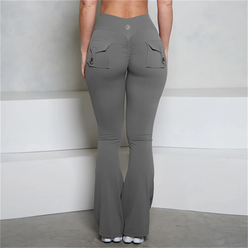 Allure The Brand Pocket Flare Scrunch Butt Pants ATB Women Tight-Fit Sexy Slim High Waist Pants Push Up Fitness Flare Leggings