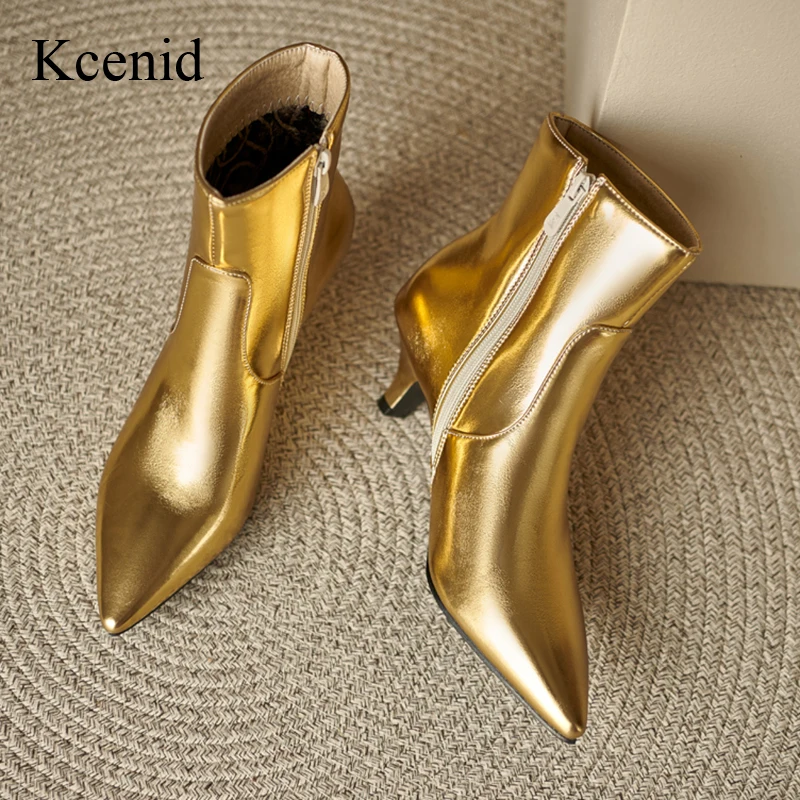 Kcenid Pointed Toe Ankle Boots For Women Side Zipper Short Boots Women Spike Heels Gold Silver Autumn Winter Big Size 35-48