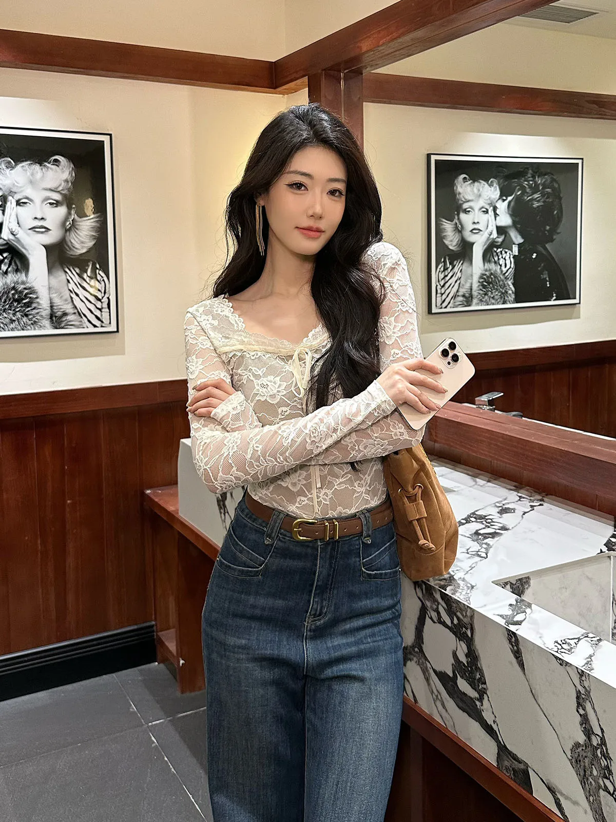 

JIJINQI Women's Long Sve V-Ne Lace Top with Sa Slimming Faionable Base irt Single Wear Autumn Winter Faion