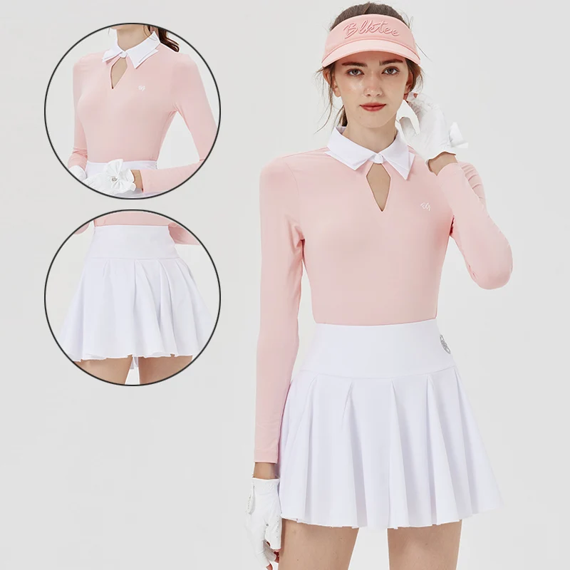 

Blktee Women Elastic Pleated Golf Skirt High Waist Short Culottes Ladies Slim Long Sleeve Shirt Hollow Out Collar Golf Top Suits