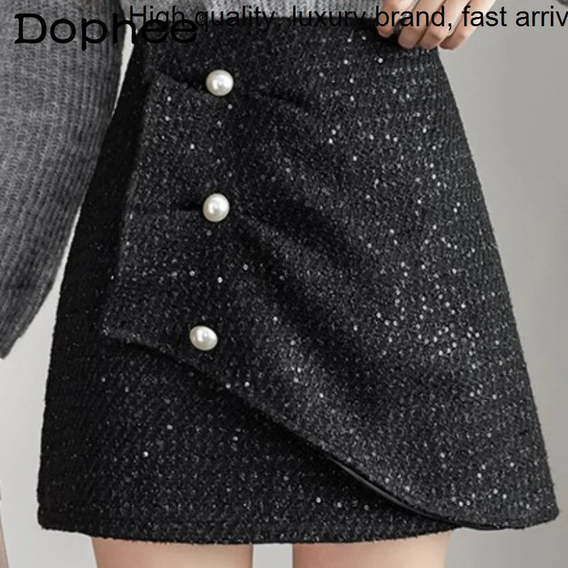 

Hip Bling Glitter Short Tweed Women Autumn Winter Single-Breasted Pleated Skirt Embroidered Sequin Nightclub Party Faldas