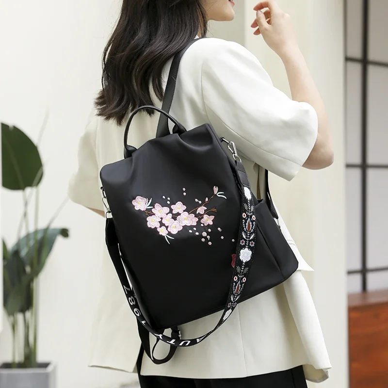 Oxford Solid Color Zipper Women\'s Backpack 2024 New Embroidered Chinese Style Casual Large Capacity Student School Bag Mochila