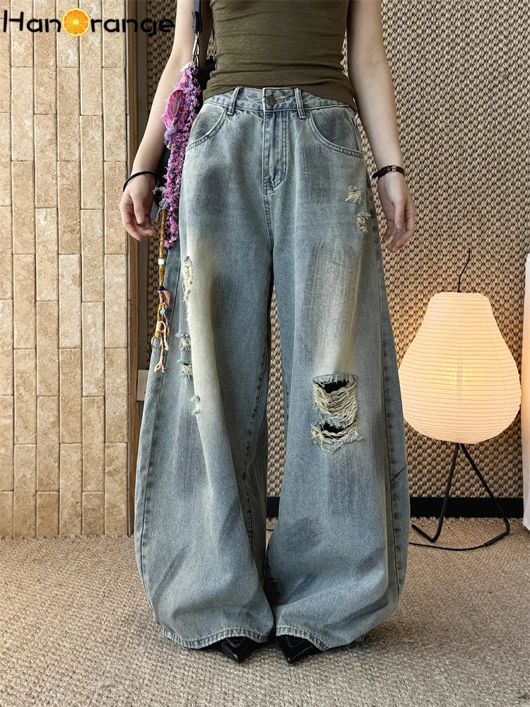

HanOrange 2026 Summer Retro Wasteland Broken Hole Gradient Jeans Women Loose Wide Leg Denim Pants Light Blue