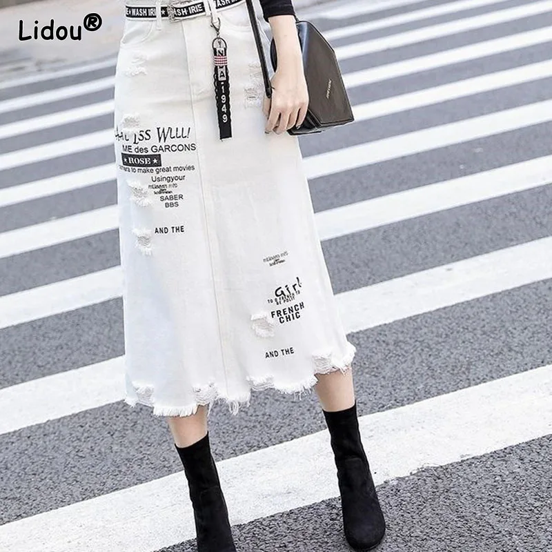 Casual Ripped White Denim Empire A-line Skirt Three-dimensional Decoration Printing Mid-calf Women's Clothing Korean Fashion