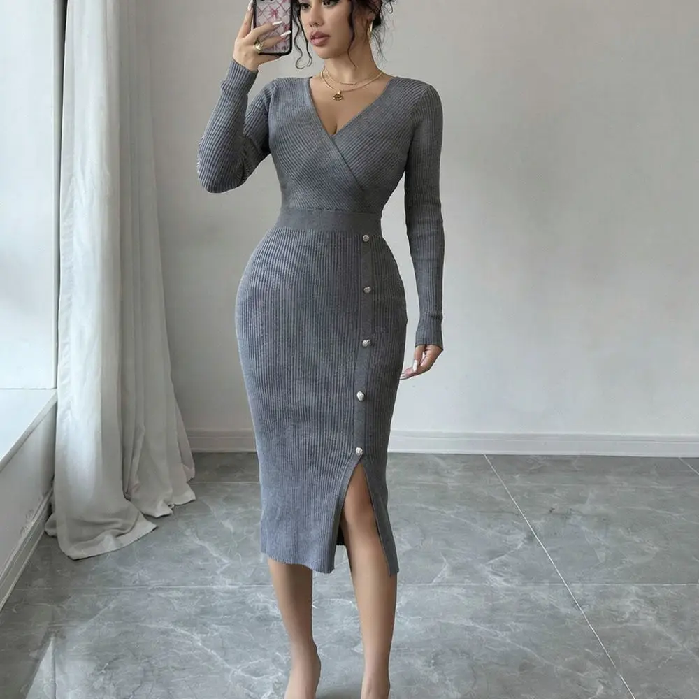 Slim Fit Knitted Bodycon Dress Women Autumn Winter French Style Long Sleeve V Neck Elegant Casual Office Maxi Dresses