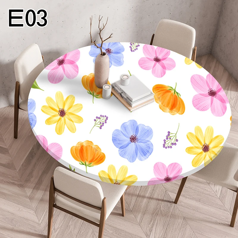 

Elastic Edged Vinyl Fitted Tablecloth Small Fresh Flower Printed Table Cover Dining Room Indoor Outdoor Round Vinyl Table Cloth