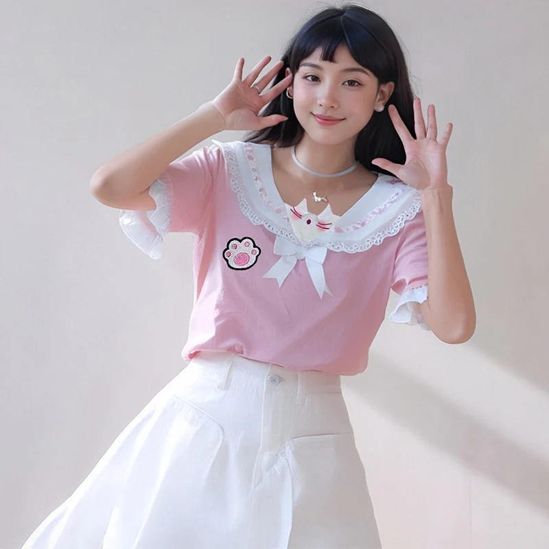 Y2k women clothing arcane stitch Sweet T Shirt 2024 Cute Kawaii Casual Cartoon Print Pink Tees for Girls Crop Lace Bow Tops ropa