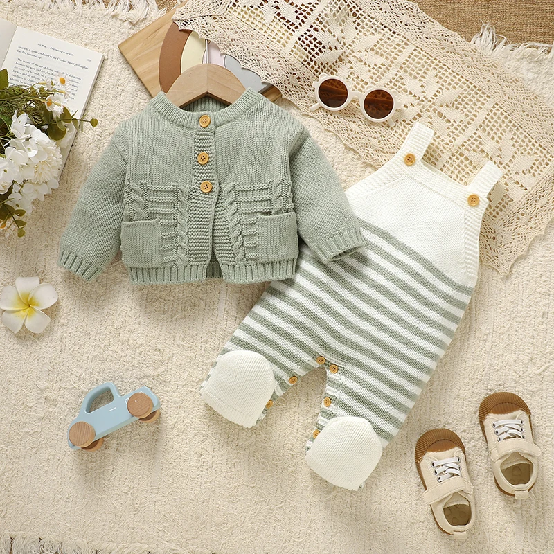 Conjunto de ropa de bebé de 2 uds., suéteres con botones y mangas largas para invierno, cárdigans + peleles con tirantes, trajes para recién nacidos de 0 a 18 meses, disfraz para niños pequeños