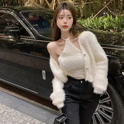 Woherb Mohair Knitted Two Pieces Set Women 2024 Korean Chic Crop Cardigan + Halter Tops Vest Laides Casual Spring Sexy Outfits