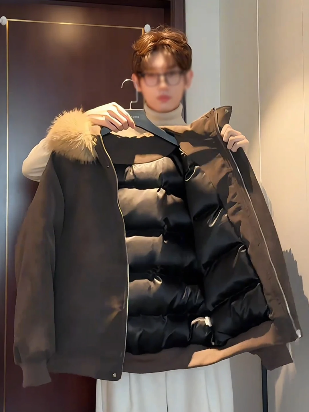 

Deep Coffee Dyed Men's ort Cotton Jaet Coat with Fur Collar American Sle Winter Warm Loose Fit Casual Hooded Zipper