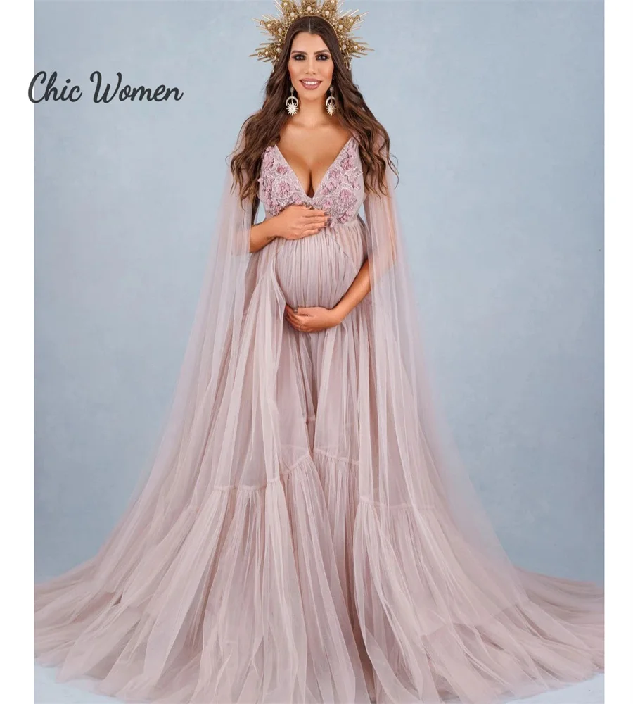 Sexy V Neck Maternity Evening Dress For Photo Shoot Tulle Prom Dress With Wrap Flowers Baby Shower Gowns Party vestido de novia