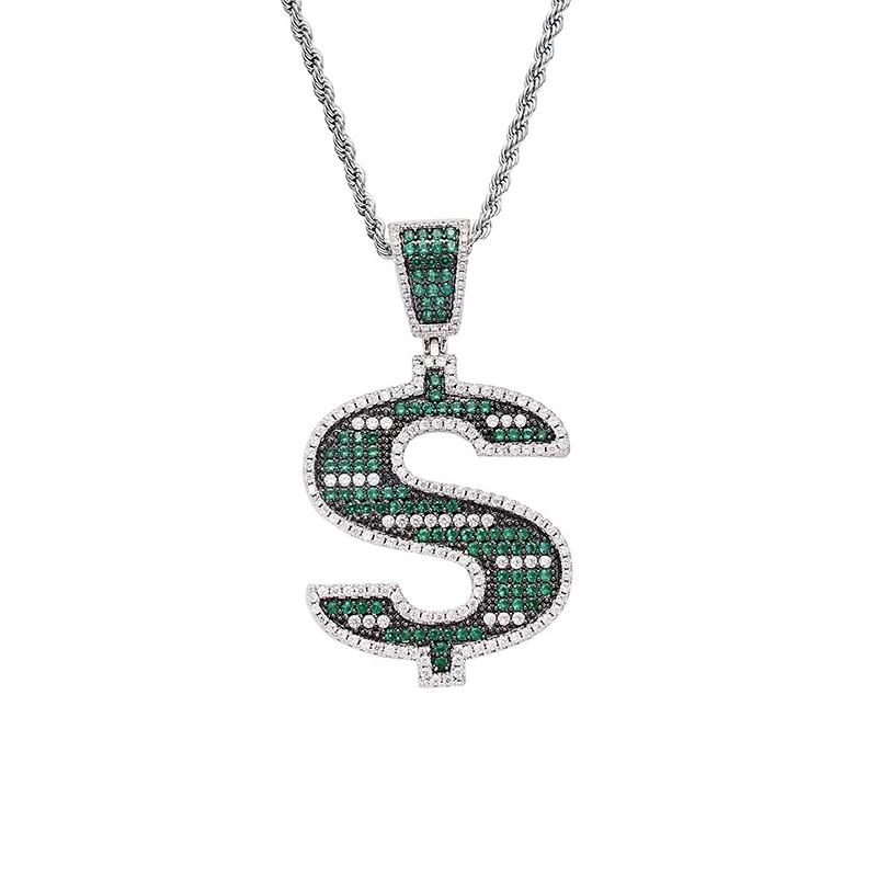 Hip Hop Prong Setting Green CZ Stone Bling Ice Out Solid Dollars Money Rich Sign Pendants Necklaces for Men Rapper Jewelry