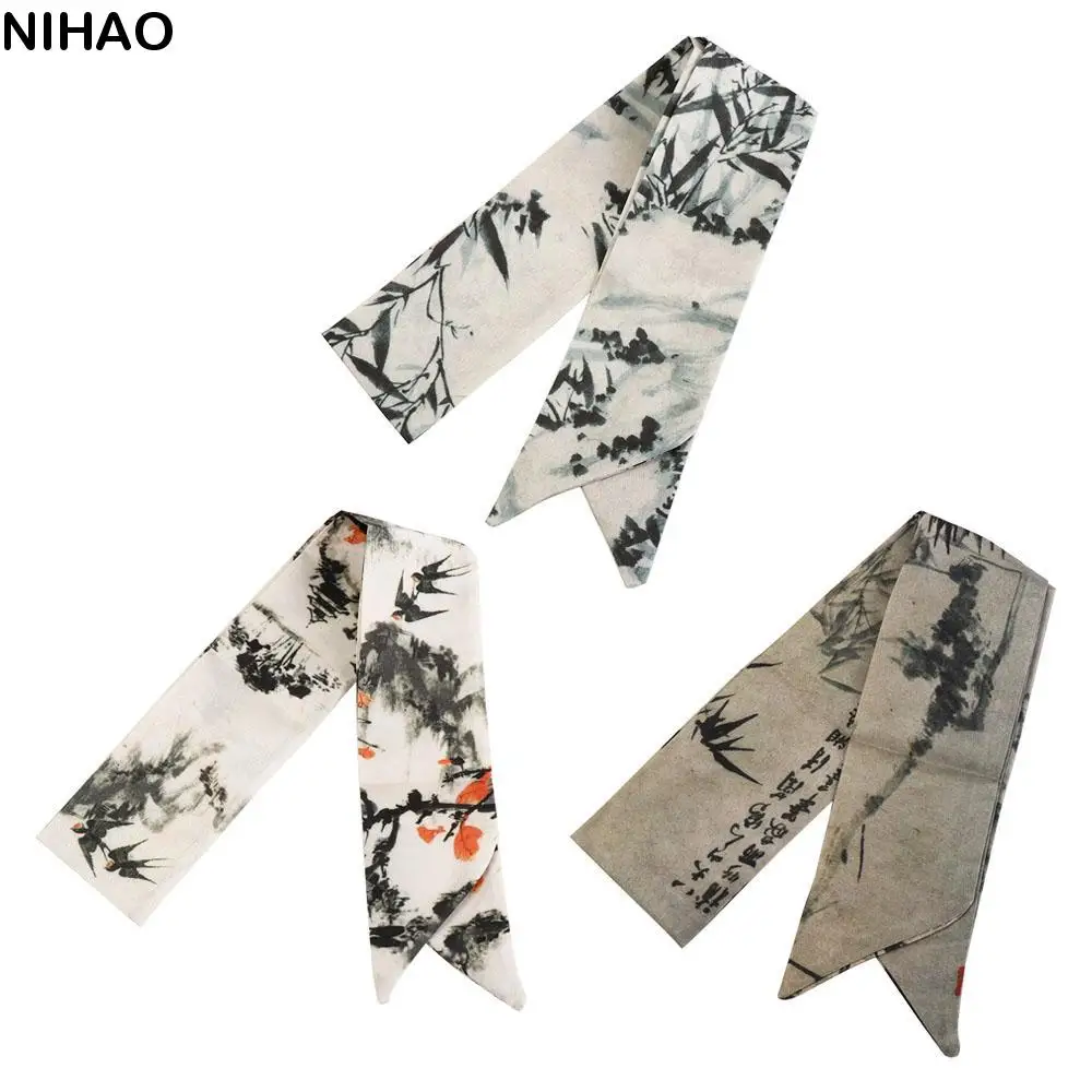 

Ретро длинный тушью, шелковый шарф, лента, минималистичный стиль, длинный шелковый шарф, шарфы, лента в древнем стиле, повязка на голову для девочек