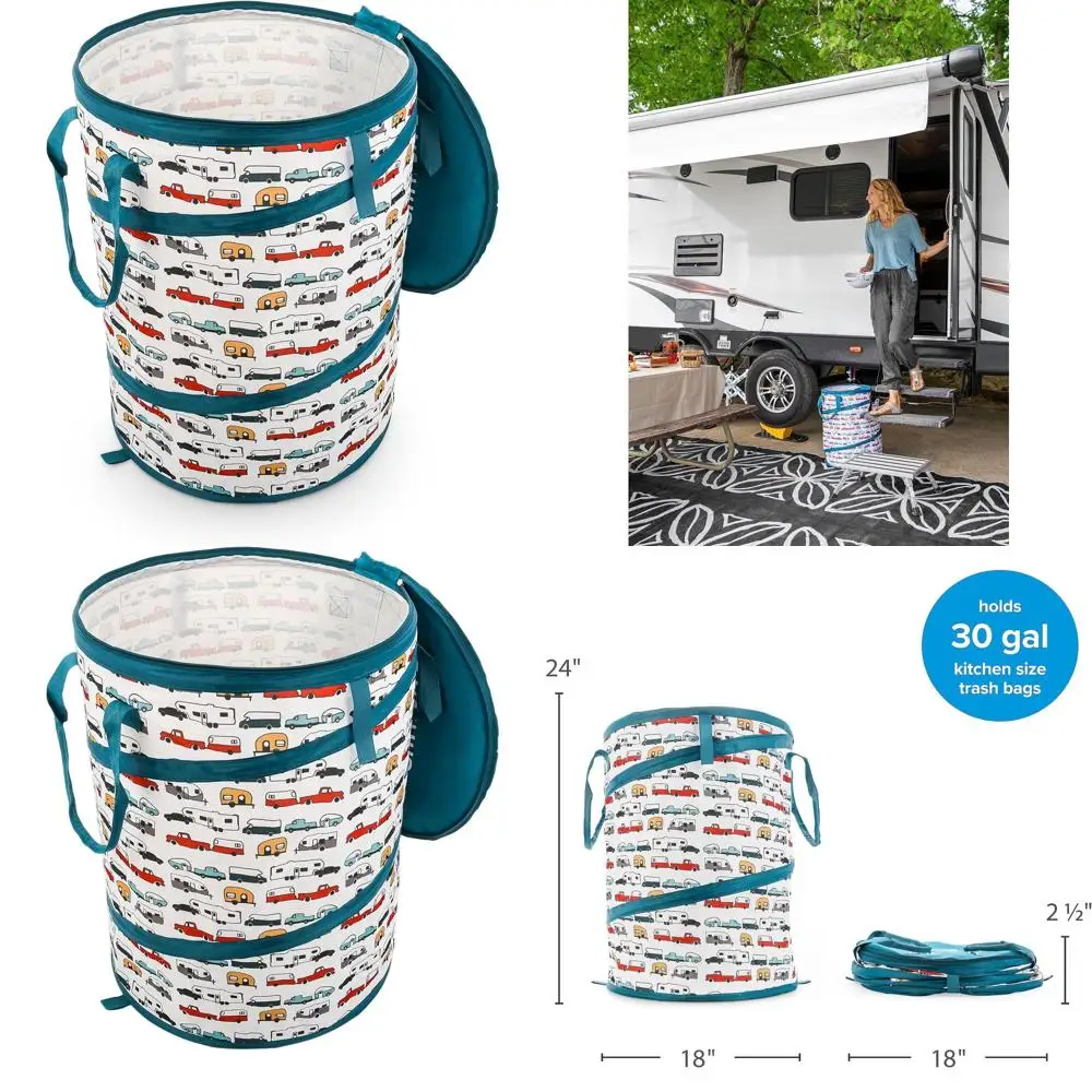 

Compact 30-Gallon Utility Bin with Heavy-Duty Zippered Liner and Collapsible Design for RV and Kitchen Use