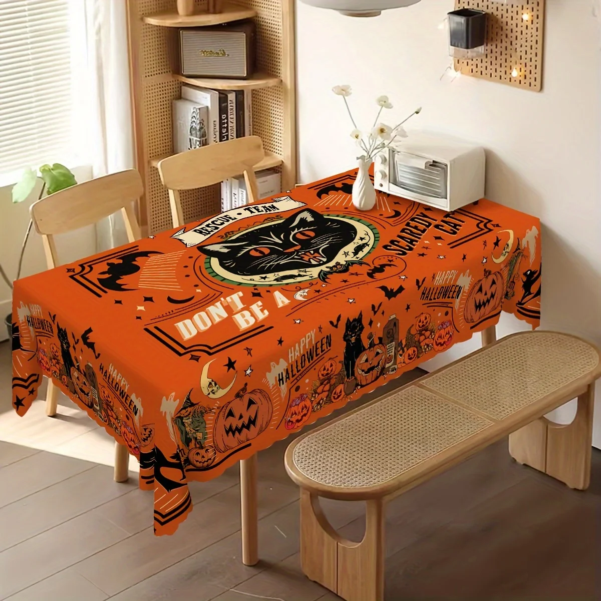 VIKAMA Halloween Tablecloth Orange Black Cat Pumpkin Bat Rectangular Washable Dining Table Cover Vintage Spooky Decorations