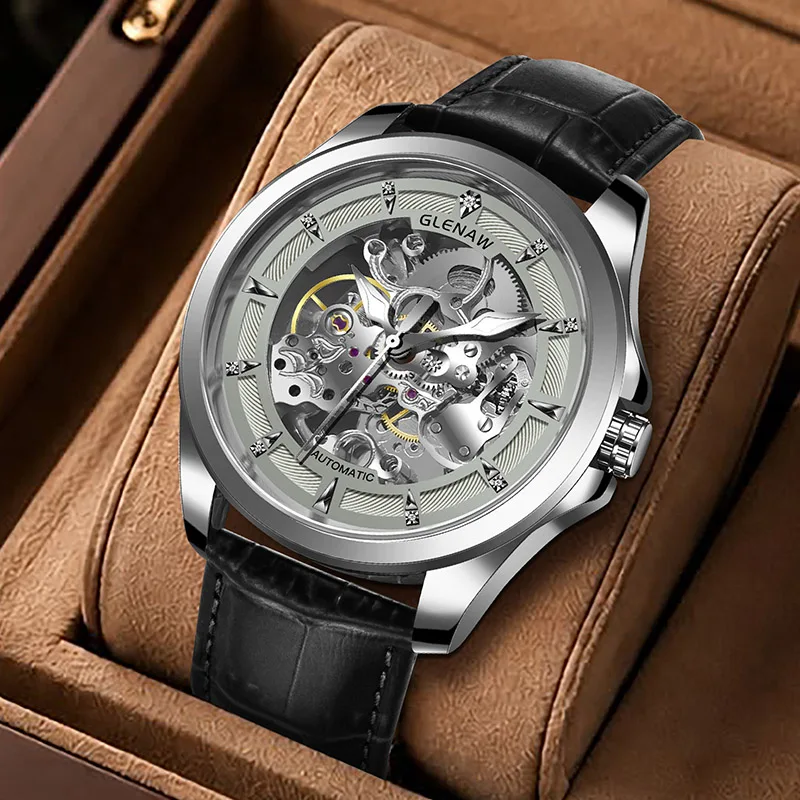 GLENAW Skeleton Mechanical Watch Men Vintage Engraved Auto Mechanical Wrist Watches Gold Stainless Steel Strap Erkek Kol Saati
