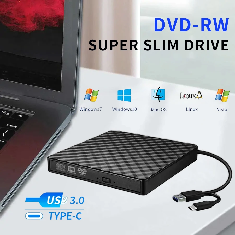 2 in 1 USB3.0 Type C Optical Drives Slim External DVD RW CD Writer Drive Burner Reader Player For Laptop PC Portable DVD Burner