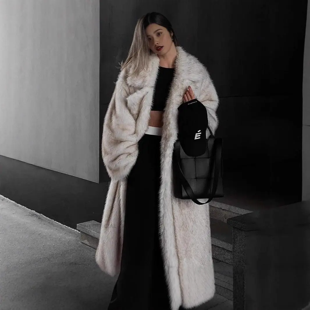 

Eco-Friendly Long Ladies' Fur Coat Autumn Winter New Sle Imitation Fur Jaet with Suit Collar with Hat Regular Sve