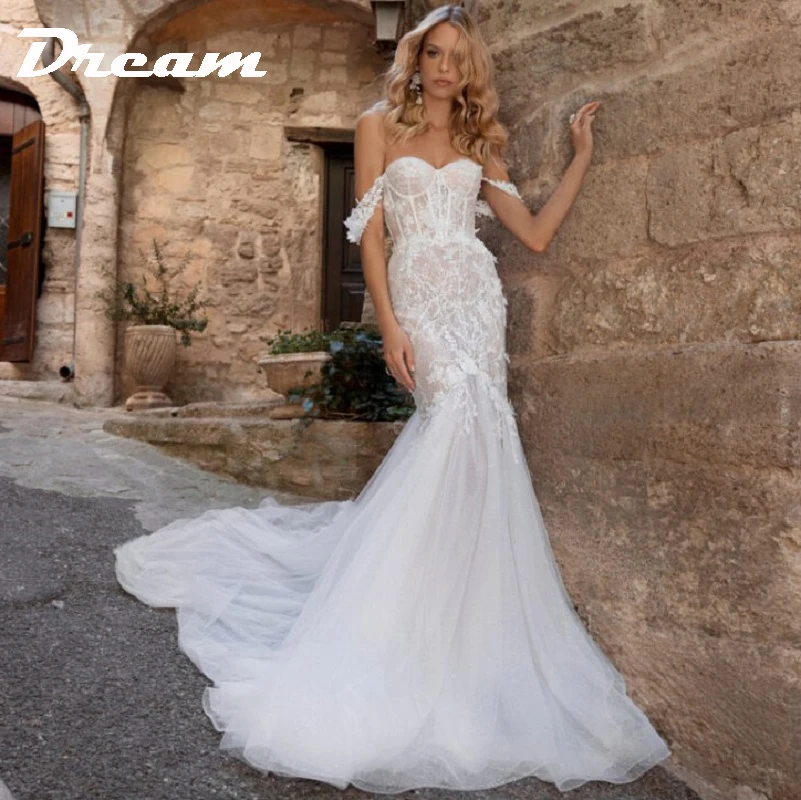 DREAM Off The Shoulder Lace Appliques Mermaid Wedding Dress 2022 Sparkly Tulle Court Train Sweetheart Bridal Gowns