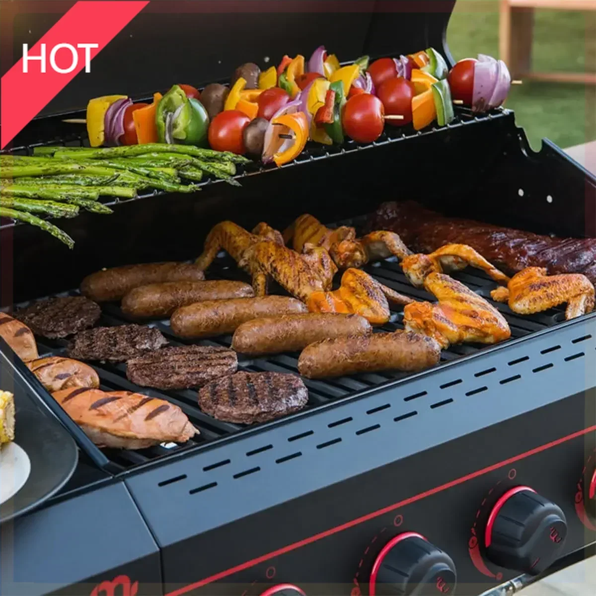 

(XMSJ)720-0982 5 Burner Propane Barbecue Gas Grill, Side Shelves with Hooks, for Outdoor Cooking, Patio, Garden Grill