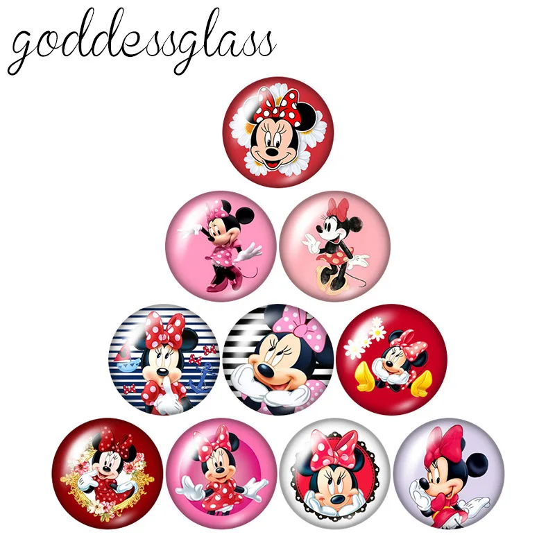 Disney cute Minnie Mouse Girls Gift 10pcs 12mm/18mm/20mm/25mm Round photo glass cabochon flat back Making findings for bracelets