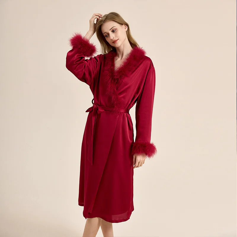 red-feathered-bridal-robe-thiened-floing-mid-length-silk-simulation-spwear-for-women-autumn-winter-seasonal-home-clothes