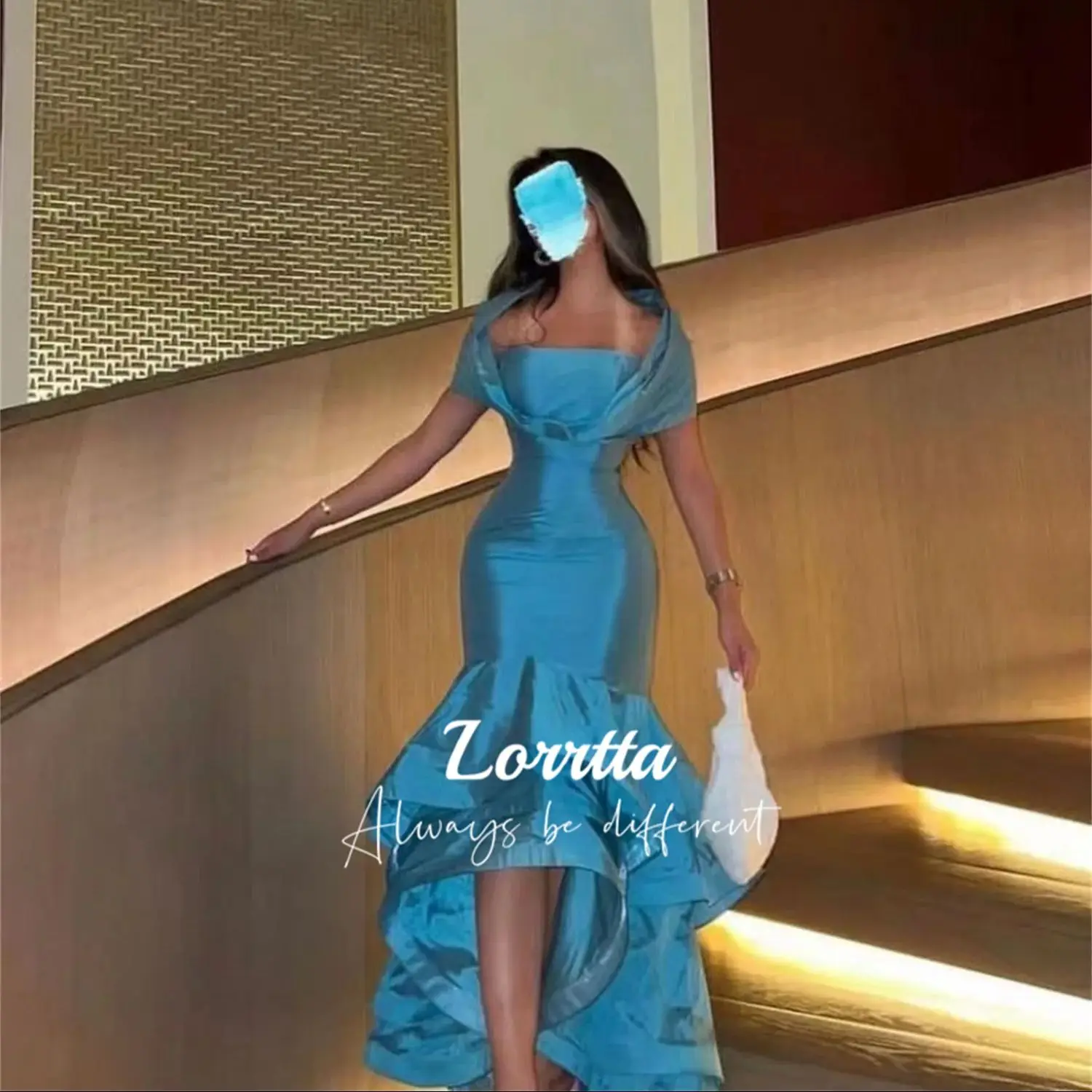 

Lorrtta Blue Mermaid Evening Gown Special Off Shoulder Tiered Satin High Low Ball Gown Strapless Ruffled Tiered Evening Gown