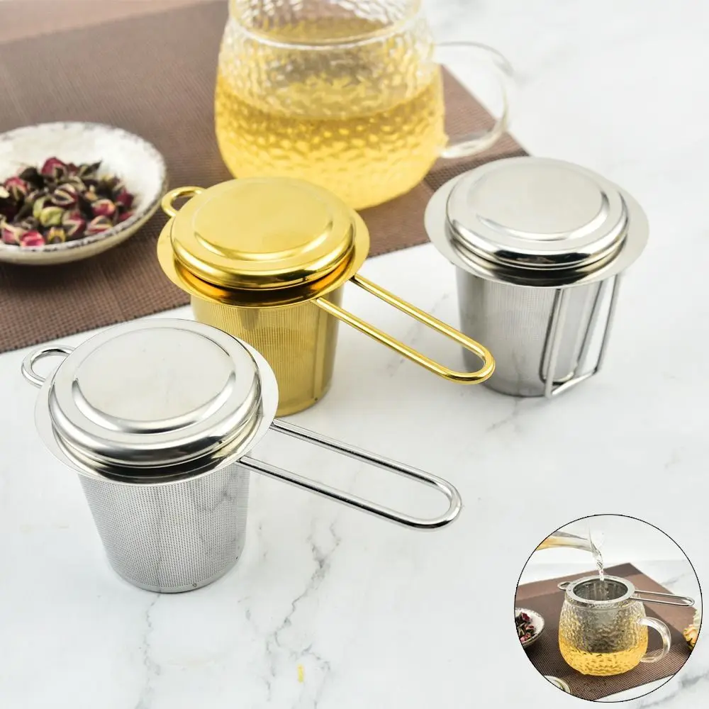 Reusable Hanging Tea Infuser Folding Handle Fine Mesh Spice Filter with Lid Rust-proof Stainless Steel Tea Strainer Loose Leaf