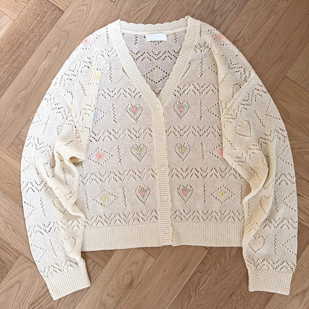 

Prairie Chic вязаные кардиганы женские с цветочной вышивкой с v-образным вырезом ажурные свободные свитера для милых девочек кавайная одежда