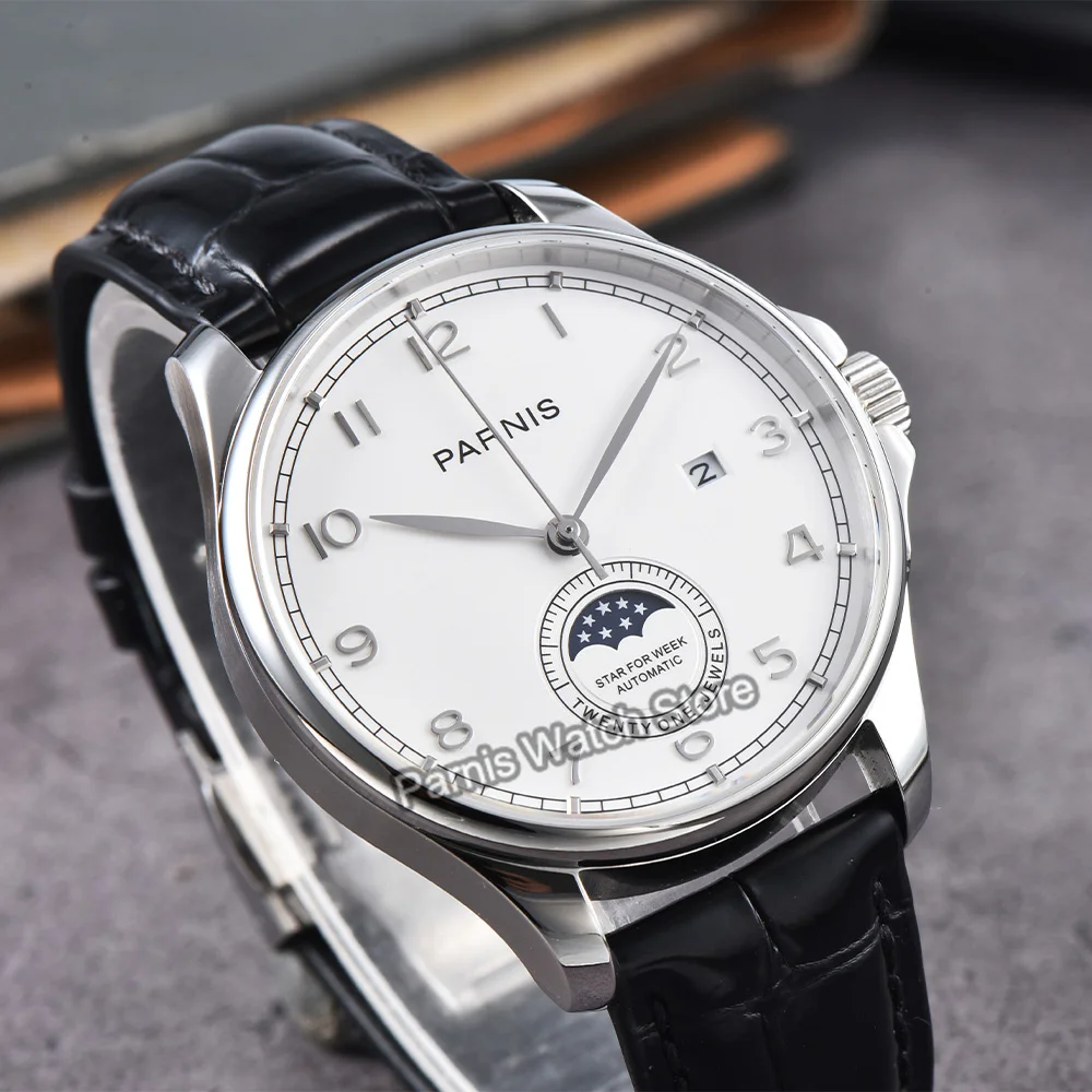 Parnis 42 mm números arábigos reloj automático para hombre cristal de zafiro caja de acero inoxidable correa de caucho