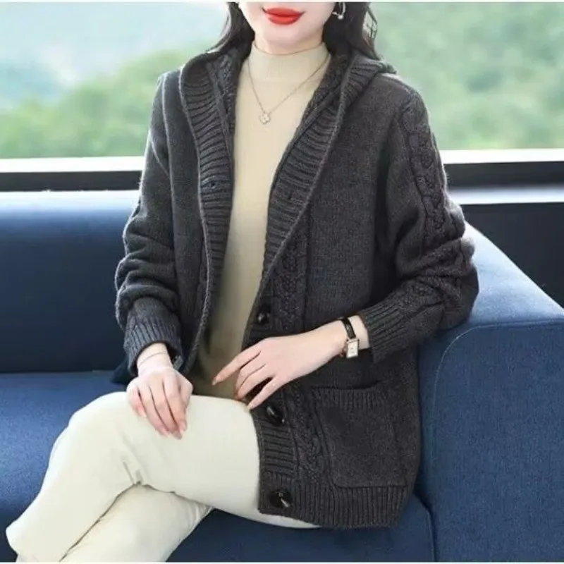 

Twist Hooded Pocket Sweater Jacket for Women in Autumn and Winter New Style Knitted Cardigan Thick Top