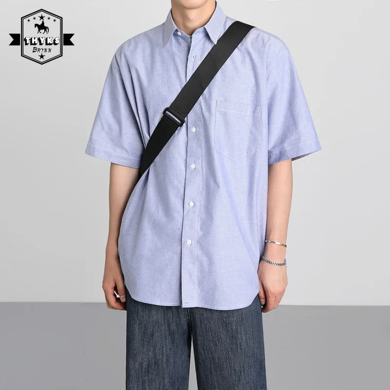 

Men's Japan Korean Retro Short Sleeved Shirt Solid Simple Academic Style Lapel Cargo Tops Male Loose Casual Youth Button Shirts