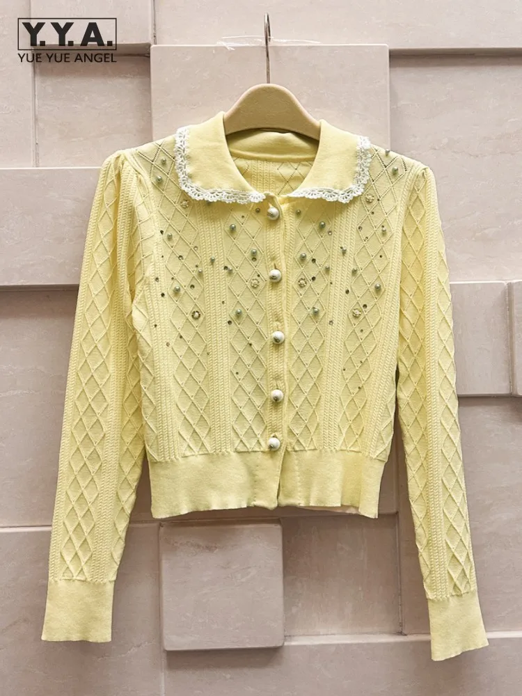 

Новый элегантный женский осенний модный тонкий свитер с кукольным воротником и жемчугом, топ, вязаный кардиган, однобортный трикотаж с длинными рукавами, женский