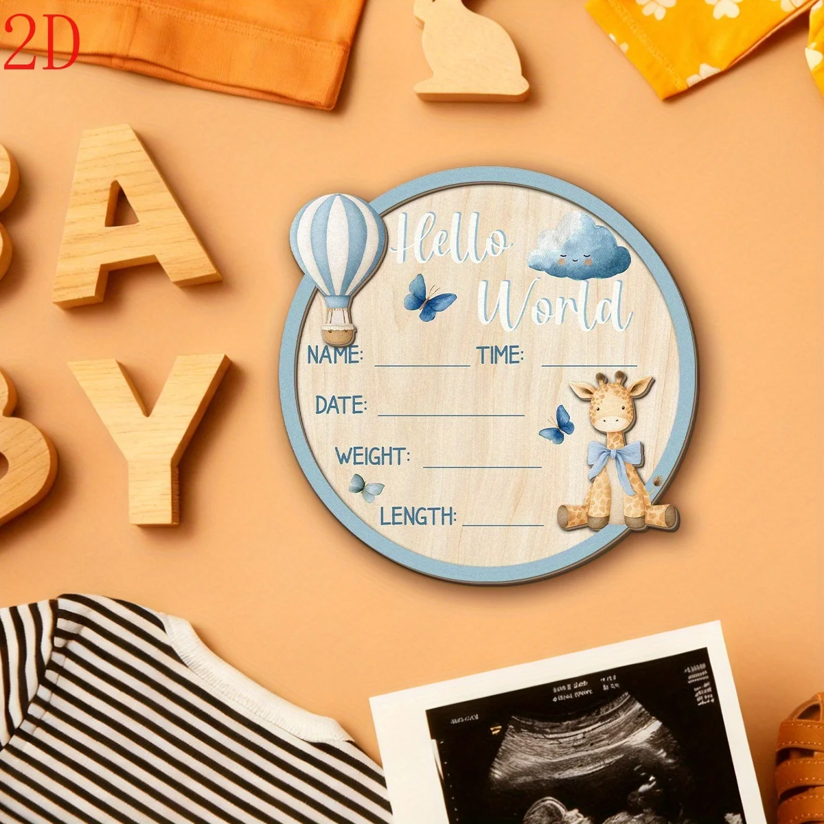 Round Wooden Hello World Birth Stats Sign, Giraffe Hot Air Balloon Design Baby Milestone Plaque with Stand, Newborn Photography