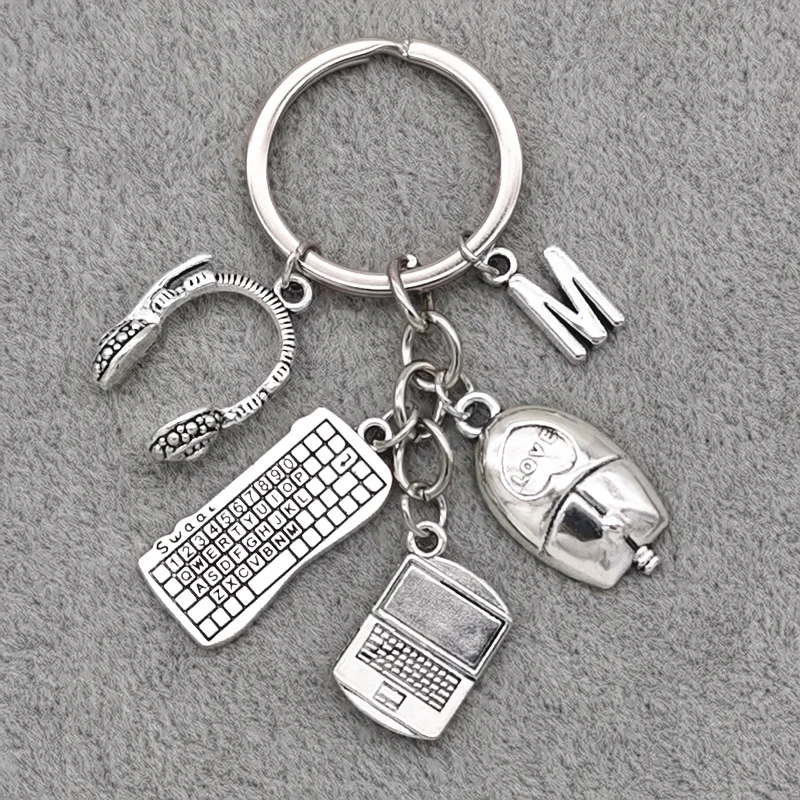 Fashion A-Z Letter Charm Keyboard Mouse Laptop Headphones Programmer Keychain for IT Worker Bag Car Keyring Gifts