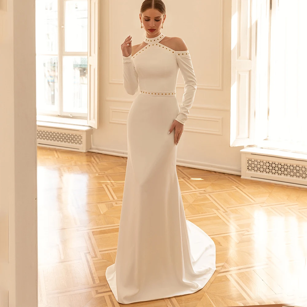 Fashion Mermaid Wedding Dress High Neck Off the Shoulder Long Sleeves Bride with Belt Floor Length Zipper Custom Made Gowns