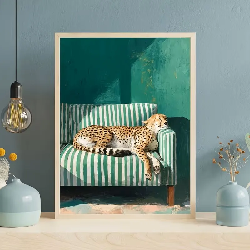 Drowsy Leopard Poster Cheetah Wall Decor Minimalist Home Decor Painting Greenish-Gray Modern Fashion Leopard Print Canvas Poster