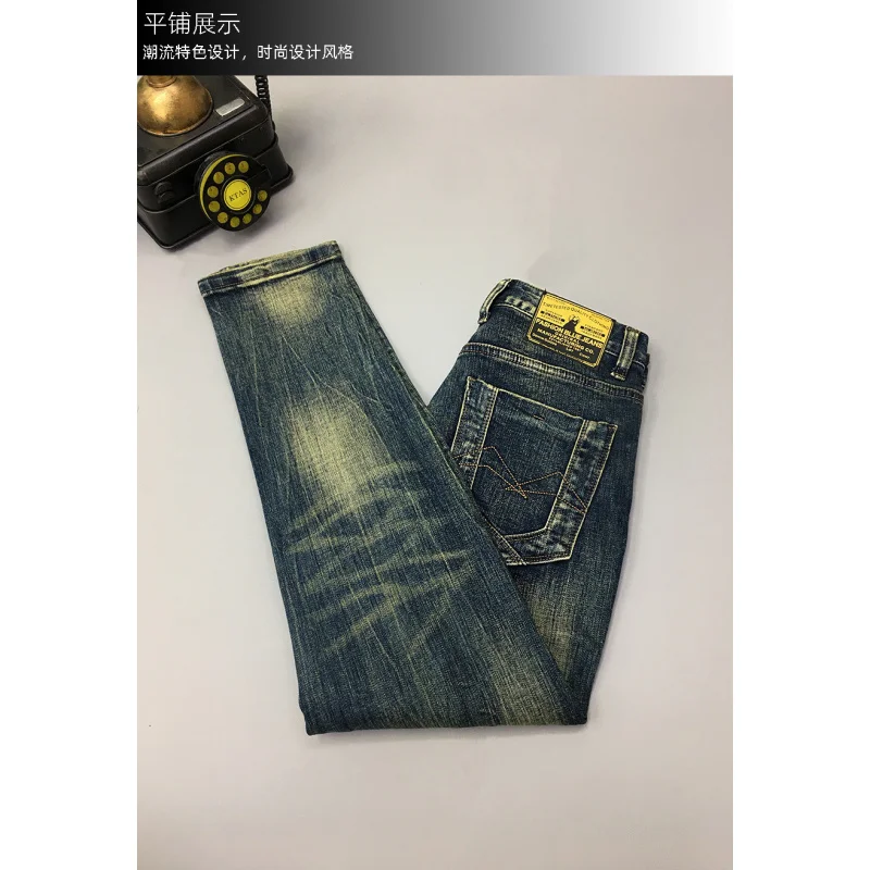 

Retro ripped jeans for men, trendy and versatile, slim fit, small straight tube, scraped patch, American style distressed pants