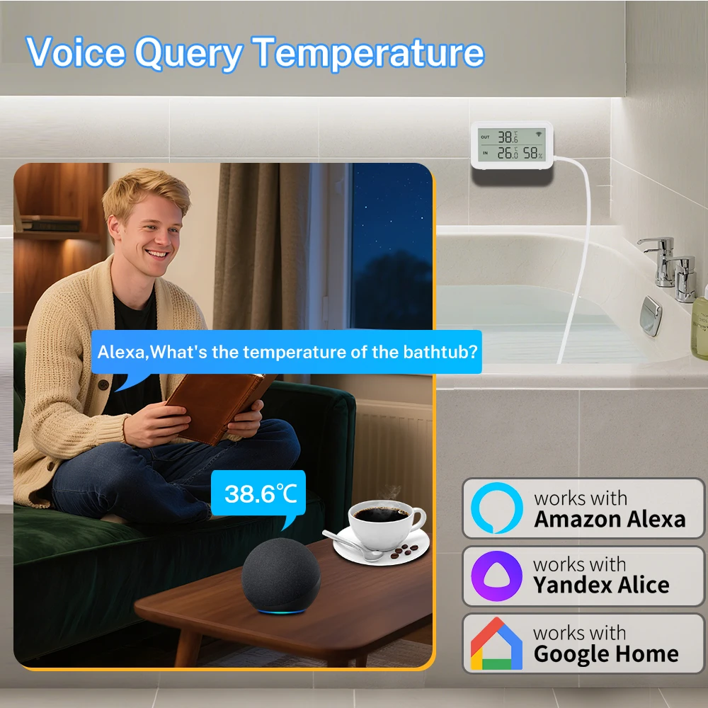 Tuya Smart WiFi مستشعر درجة الحرارة والرطوبة مع مسبار خارجي لتطبيق Smart Life للمراقبة عن بعد مع Google Home Alexa