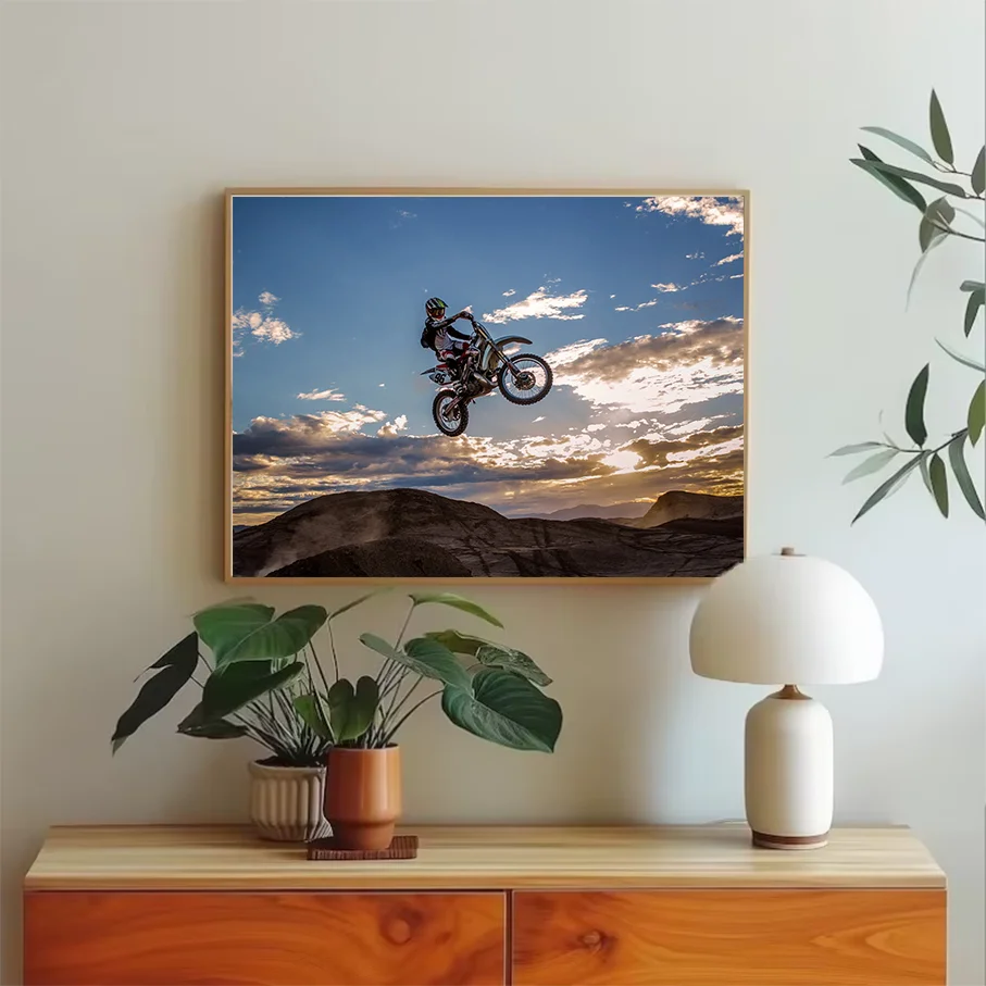 Motocross Dirt Bike Rider Jumping Sunset Mountains Sky Clouds Black frameless Poster Wall Art Canvas Print Home Decor