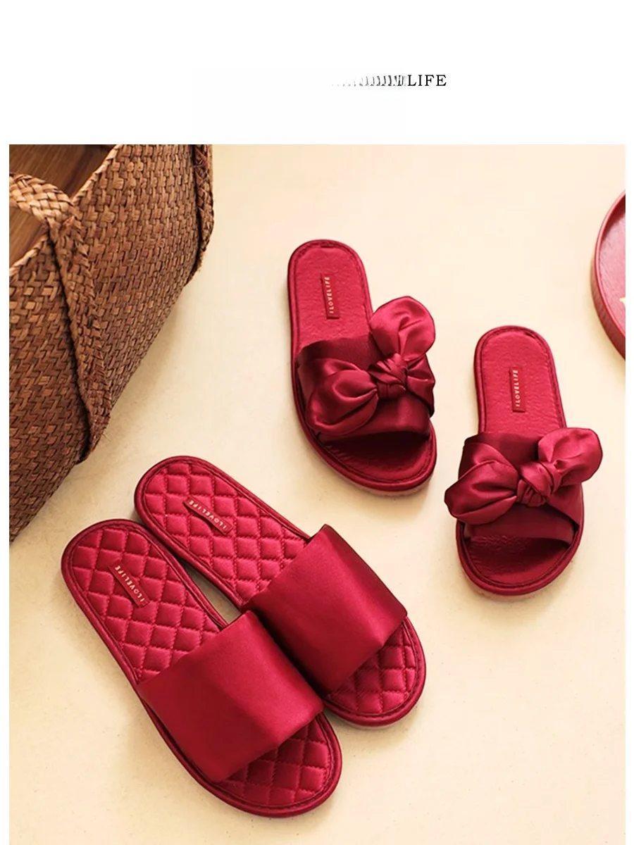 

Tlife Scarlet Wedding Slippers Red Couple New Home oes Celebra Pair Morning Robe Four Seasons Toe-Open Satin Home Slippers