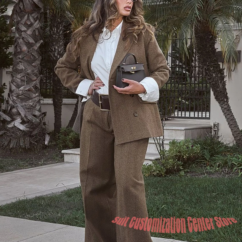 

Элегантный коричневый пиджак с узором «елочка», женский двубортный пиджак с остроконечными лацканами + брюки, комплект из 2 предметов, офисный винтажный модный наряд