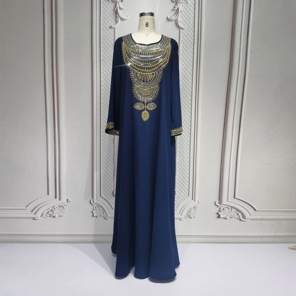 

Uni New Дубай Вышитые однотонные платья макси Элегантные женские кафтаны Абая с блестками и круглым вырезом