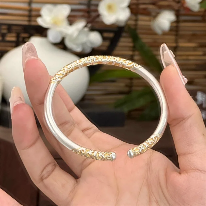 OUYADI Men Women 999 Sterling Silver Adjustable Open Bangle, Delicate Gilded Cloud Daily-Wear Jewelry Gift